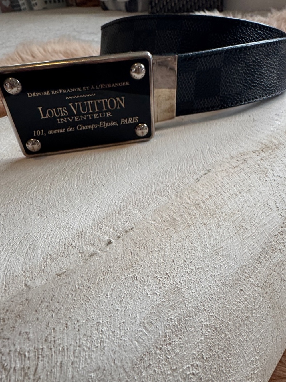 Authentic Louis Vuitton Black Textured Leather Men's Belt with Polished Buckle